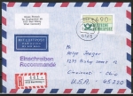 Bund ATM 1 - Marke zu 490 Pf als portoger. EF auf Luftpost-Einschreibe-Brief 15-20g von 1989-1992 in die USA, rs. Claim-Check, Einl.-Schein