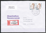 Bund 1392 als portoger. MeF mit 2x 240 Pf Frauen auf Einschreib-Brief vom ZAG Büsingen in die Schweiz von 1995, kleines Format