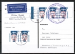 Bund 1398 als portoger. MeF mit 5x 20 Pf SWK aus Bogen auf Luftpost-Postkarte vom Jan.-Mrz 1989 nach Paraguay, AnkStpl.
