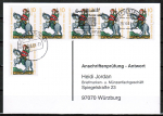 Bund 612 als portoger. MeF mit 6x 10 Pf Jugend 1970 auf Sammel-Anschriftenprüfungs-Postkarte von 1993-2002