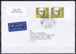 Bund 1237 als portoger. MeF mit 2x 80 Pf Guardini auf Luftpost-Brief 5-10g von 1988 in die USA, Code- und Eil-Stempel !