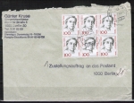 Berlin 825 als portoger. MeF mit 6x 100 Pf Frauen-Serie auf Postzustellungsauftrag vom Juli 1989 - starke Mängel