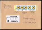 Bund 2434 als portoger. MeF mit 5x 95 Cent Sonnenblume aus Bogen mit Rand auf C5-Einwurf-Einschreibe-Brief über 2 cm Dicke von 2016-2019