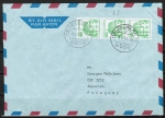 Bund 1038 LS als portoger. MeF mit 3x grüner 50 Pf B+S - Marke aus Rolle im Letterset-Druck auf Luftpost-Brief bis 5g von 1987-1989 nach China, AnkStpl.