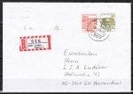 Bund 1143 als portoger. MiF mit 300 Pf  B+S Rolle im Letterset-Druck + 80 Pf SWK auf Ausl.-Einschr.-Brief 20-50g vom Febr. 1989 n. NL, rs. braune Skl.-Klappe