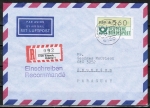 Bund ATM 1 - Marke zu 560 Pf als portoger. EF auf Luftpost-Einschreibe-Brief 5-10g von 1992-1993 nach Paraguay, AnkStpl.