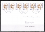 Bund 1359 als portoger. MeF mit 6x 10 Pf Frauen auf Sammel-Anschriftenprüfungs-Postkarte von 1993-2002, rs. Prüfstpl.
