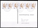 Bund 1359 als portoger. MeF mit 6x 10 Pf Frauen auf Sammel-Anschriftenprfungs-Postkarte von 1993-2002, rs. Prfstpl.