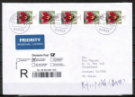 Bund 2968 als portoger. MeF mit 5x 58 Cent Blumen aus Rolle auf Auslands-Einschreibe-Brief bis 20g von 2014 nach China, AnkStpl.
