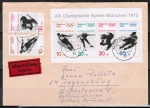Bund 684-687 als Block 6 / Winter-Olympiade als portoger. MiF mit Zusatz auf Eilbrief 20-50g vom Juni 1971, AnkStpl.