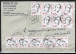 Berlin 825 als portoger. MeF mit 12x 100 Pf Frauen-Serie auf Brief mit 2 Postzustellaufträgen vom September 1989, starke Stempelmängel