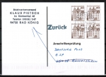 Bund 1037 als portoger. MeF mit 4x brauner 40 Pf B+S - Marke aus Rolle auf Einzel-Anschriftenrüfungs-Postkarte von 1997-2002, codiert