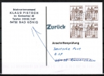 Bund 1037 als portoger. MeF mit 4x brauner 40 Pf B+S - Marke aus Rolle auf Einzel-Anschriftenrfungs-Postkarte von 1997-2002, codiert