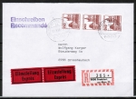 Bund 998 als portoger. MiF mit 3x 210 Pf B+S - Serie aus Rolle auf Inlands-Eil-Einschreib-Brief bis 20g von 1982-1989, AnkStpl.