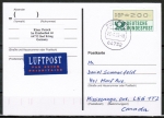 Bund ATM 1 mit Nadeldruck - Marke zu 200 Pf als portoger. EF auf Luftpost-Postkarte von 1995 nach Kanada, codiert