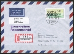 Bund ATM 1 - Marke zu 360 Pf in Gravur-Type als portoger. EF auf Luftpost-Einschreibe-Brief 5-10g von 1984 in die USA, AnkStpl., mit TQ: Bfsdg.  WI / tb
