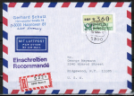 Bund ATM 1 - Marke zu 360 Pf in Spritzguss-Type als portoger. EF auf Luftpost-Einschreibe-Brief von 1984 in die USA, AnkStpl. TQ Bfsdg. Bonn / j