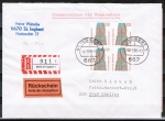 Bund 1375 als portoger. MeF mit 4x 120 Pf SWK als 4er-Block aus Bogen auf Einschr.-Rckschein-Brief 20-50g von 1988 in die DDR, AnkStpl.