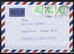 Bund 1038 als portoger. MeF mit 3x grüner 50 Pf B+S - Marke aus Rolle im Buchdruck auf Luftpost-Brief bis 5g von 1982-1989 nach Kolumbien, AnkStpl.