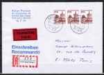 Bund 998 als portoger. MeF mit 3x 210 Pf B+S als waagr. Paare / w. 3er-Str. auf Eil-Einschreibe-Brief bis 20g von 1988 nach Frankreich, AnkStpl.