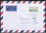 Bund ATM 1 mit dickem DBP - Marke zu 210 Pf als portoger. EF auf Luftpost-Brief 5-10g von 1992-1993 nach Paraguay, AnkStpl.