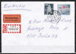Berlin 842 als portoger. MiF mit 60 Pf Luftbrücke + 500 Pf I+T Berlin (!) auf auf Orts-Einschreibe-Rückschein-Brief bis 20g von 1989-1991 innerh. Berlins
