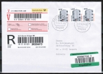 Bund 2302 als portoger. MeF mit 3x 1,60  SWK aus Rolle auf Europa-Wertbrief 20-50g von 2009-2010 in die Schweiz/Label