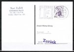 Berlin 824 als portoger. EF mit 60 Pf Frauen-Serie auf Anschriftenprüfungs-Postkarte von 1988-1991 ins Bundesgebiet mit rs. Stempel !