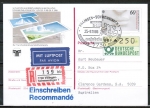 Bund ATM 1 - Marke zu 250 Pf in Spritzguss-Type portoger. als Zusatz auf GA-PK als Luftpost-Einschreib-Postkarte von 1986 nach Australien, AnkStpl.