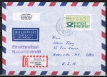 Bund ATM 1 - Marke zu 465 Pf als portoger. EF auf Luftpost-Einschreibe-Brief 10-15g von 1989-1992 in die USA, mit Einlieferungsschein