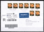 Bund 2505 Skl. (Mi. 2514) als portoger. MeF mit 8x 35 Cent Blumen als Skl.-Marken auf Auslands-Einschreibe-Brief bis 20g von 2013 in die Niederlande, mit NL-Label