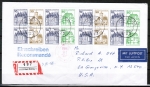Bund B+S-Heftblatt 2,- DM mit grner 50 Pf im Buchdruck als portoger. H-Blatt-MeF auf Luftpost-Einschr.-Brief 15-20g von 1988 in die USA, vs. AnkStpl.