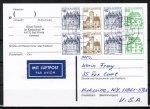Bund B+S-Heftblatt 2,- DM mit grüner 50 Pf im Letterset-Druck als portoger. H-Blatt-EF auf Übersee-Luftpost-Postkarte von 1993-2002 n. USA rs. Code