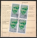 Bund 973 als portoger. MeF mit 4x 90 Cent Janusz Korczak rs. auf Paketkarte von 1979 in die DDR, 1 Marke Ecke defekt