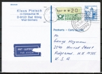 Bund ATM 1 - Marke zu 20 Pf in Spritzguss-Type als Zusatz auf 70 Pf Auslands-GA-Postkarte für Luftpost von 1982-1989 in die USA, rs. kl. Code-Stpl.