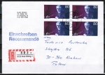 Bund 1382 als portoger. MeF mit 4x 80 Pf August Bebel auf Auslands-Einschreibe-Brief bis 20g von 1988-1989 nach Polen / AnkStpl.