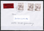 Bund 1445 als portoger. MeF mit 3x 100 Pf 500 Jahre Post auf Sonderporto-Eilbrief in die DDR von 1990, AnkStpl.