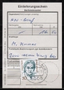 Bund 1304 als portoger. EF mit 50 Pf Frauen auf Einlieferungs-Schein für Nachnahme-Brief von 1986-1989