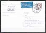 Bund 1305 als portoger. EF mit 80 Pf Clara Schumann auf VGO-Übersee-Luftpost-Postkarte vom März 1991 in die USA, rs. Code