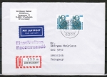 Bund 1381 als portoger. MeF mit 2x 280 Pf SWK als Bogen-Paar auf Luftpost-Einschreibe-Brief 25-30g von 1988/1989 n. Paraguay, AnkStpl.