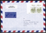 Bund 1140 als portoger. MeF mit 2x 80 Pf B+S - Serie vom Bogen als Ober-Eckrand-Paar auf Luftpost-Brief 5-10g von 1982-1989 in die USA, rs. CodeStpl.