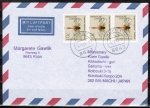 Bund 1550 als portoger. MeF mit 3x 70 Pf Heidelibelle auf Luftpost-Brief 5-10g von 1991 nach Japan