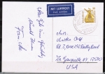 Bund 1380 als portoger. EF mit 90 Pf SWK aus Rolle auf Luftpost-Postkarte von 1988/1989 in die USA, rs. kleine Code-Stempelchen