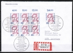 Berlin 788 als portoger. MeF mit 7x 40 Pf Frauen-Serie auf Einschreibe-Brief bis 20g mit ESST von 1987 ins Bundesgebiet