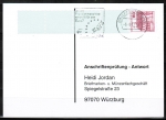 Bund 1028 als portoger. EF mit roter 60 Pf B+S - Marke als Rollenendstreifen im Buchdruck auf Sammel-Anschriftenprüfungs-Postkarte von 1993-2002