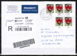 Bund 2968 als portoger. MeF mit 5x 58 Ct. Blumen aus Bogen mit Rand auf Auslands-Einschreibe-Brief bis 20g von 2014 in die Niederlande, mit NL-Label !