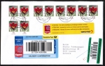 Bund 2968 als portoger. MeF mit 10x 50 Ct. Blumen aus Bogen mit Rand auf Auslands-Eilbrief 20-50g von 2013 in die Schweiz, Label