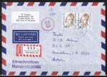 Berlin 827 als portoger. MeF mit 2x 250 Pf Frauen-Serie auf Luftpost-Einschreibe-Brief 5-10g von 1989-1991 nach Australien, AnkStpl.