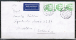 Bund 1038 als portoger. MeF mit 3x 50 Pf grüner B+S - Marke aus Rolle im Buchdruck auf Luftpost-Brief 5-10g von 1980-1982 nach Kolumbien, AnkStpl.