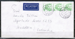 Bund 1038 als portoger. MeF mit 3x 50 Pf grner B+S - Marke aus Rolle im Buchdruck auf Luftpost-Brief 5-10g von 1980-1982 nach Kolumbien, AnkStpl.